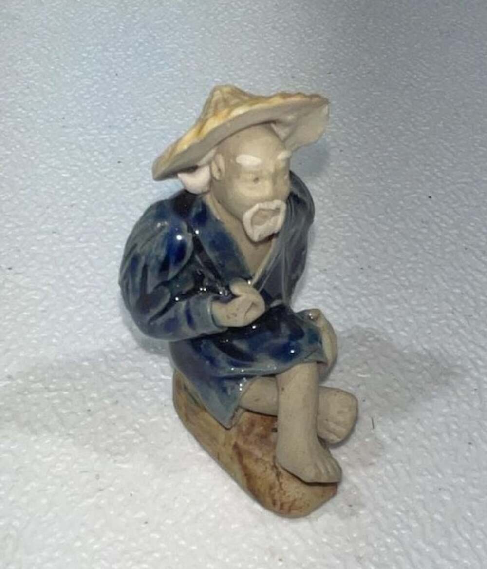 Vintage Chinese Mudman Figurine Fisherman Sitting